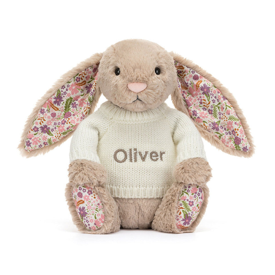 Custom Name Blossom Beige Bunny with Cream Knitted Jumper