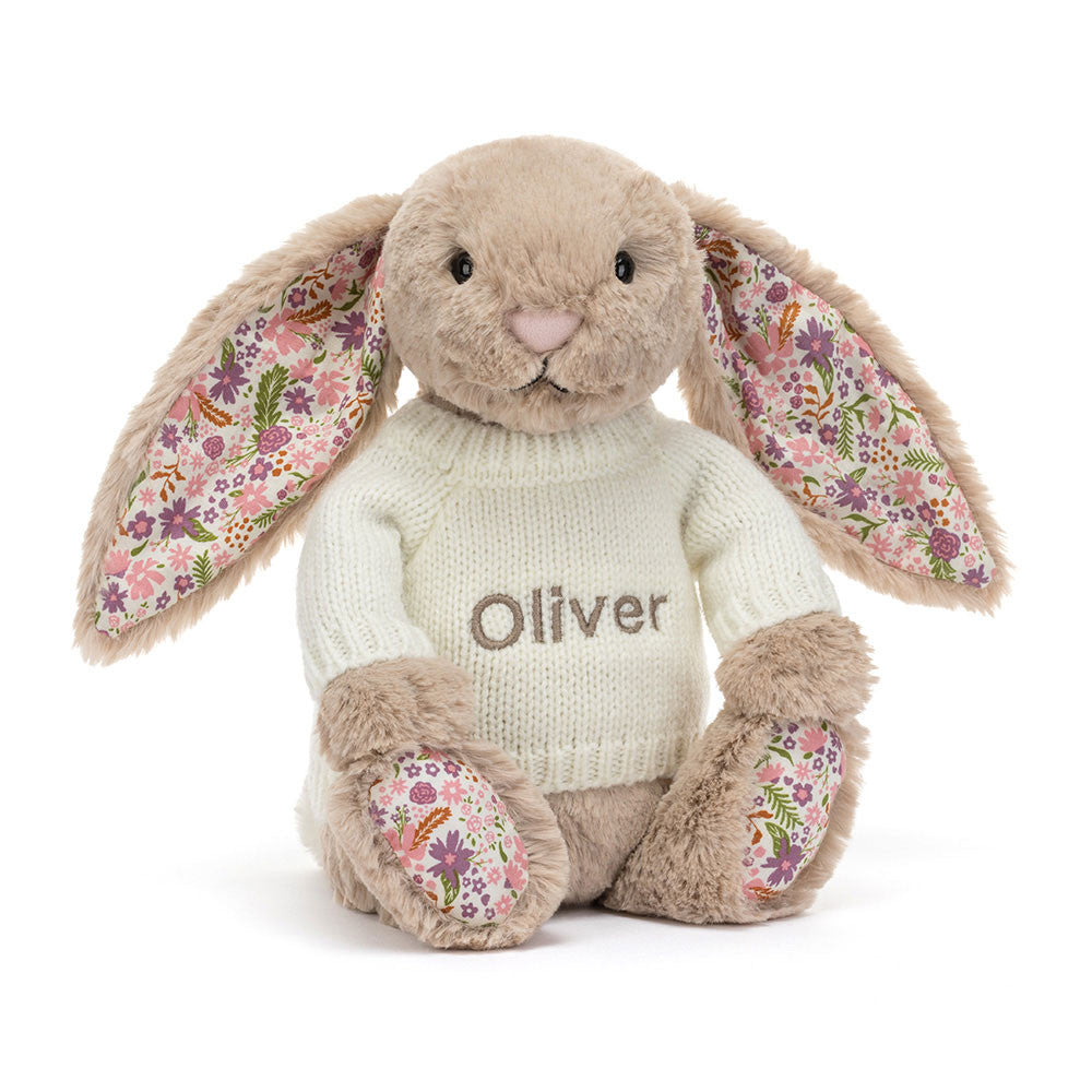 Custom Name Blossom Beige Bunny with Cream Knitted Jumper