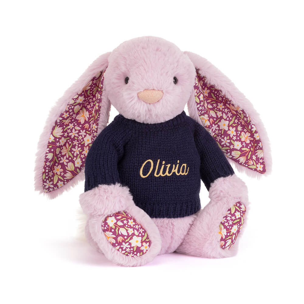 Custom Name Thistlepop Blossom Luxe Bunny with Navy Knitted Jumper